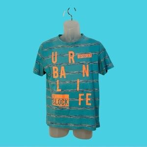 YIGGA Men’s Graphic T-Shirt Aqua with Stripes & Orange Letters, US Size XS/S